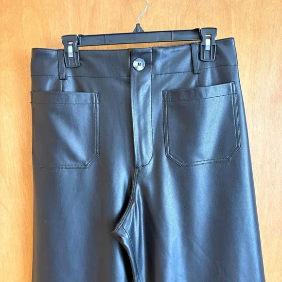 Maeve Anthropologie Colette Faux Leather Pants 30 Black Wide Leg High Rise - Picture 3 of 11